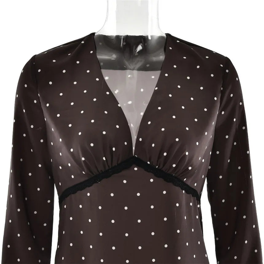 V-neck Polka Dot Long Sleeve Midi Dress – Women’s Elegant Spring Dress