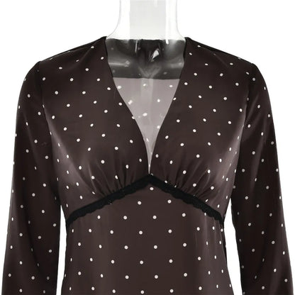 V-neck Polka Dot Long Sleeve Midi Dress – Women’s Elegant Spring Dress