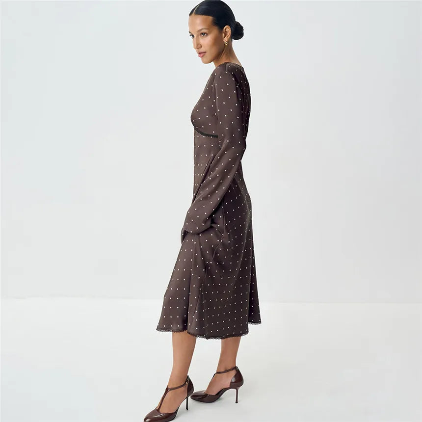 V-neck Polka Dot Long Sleeve Midi Dress – Women’s Elegant Spring Dress