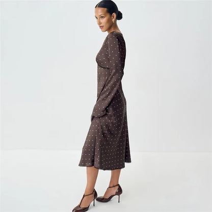 V-neck Polka Dot Long Sleeve Midi Dress – Women’s Elegant Spring Dress