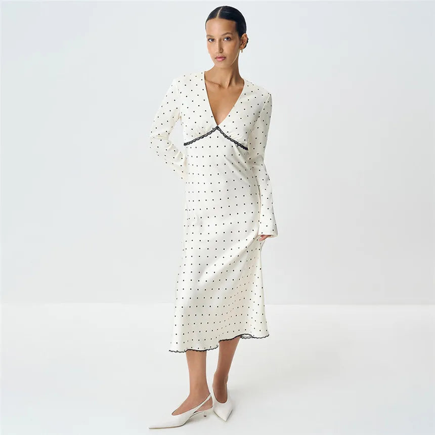 V-neck Polka Dot Long Sleeve Midi Dress – Women’s Elegant Spring Dress