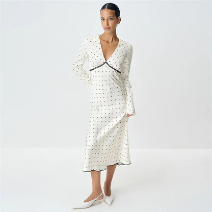 V-neck Polka Dot Long Sleeve Midi Dress – Women’s Elegant Spring Dress