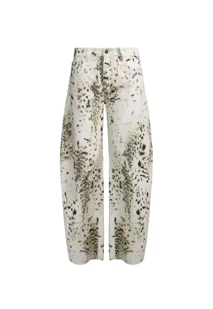 Leopard print wide leg vintage denim pants – streetwear style