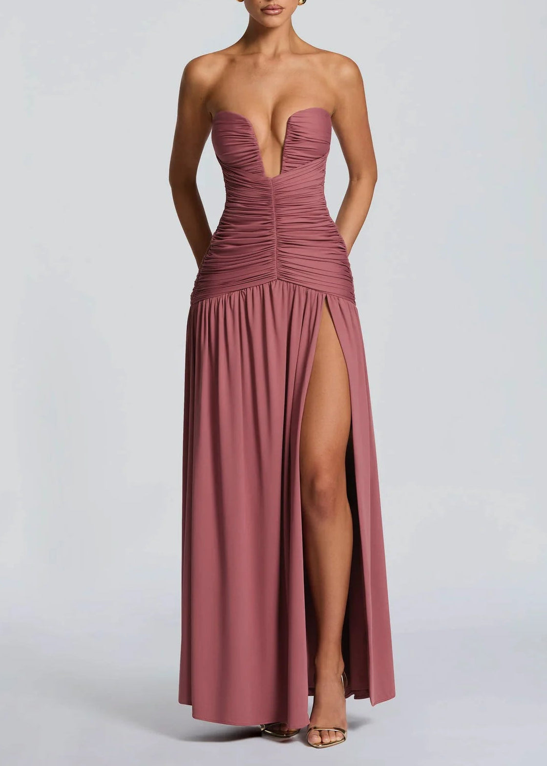 Elegant Deep V Strapless Ruched Maxi Dress