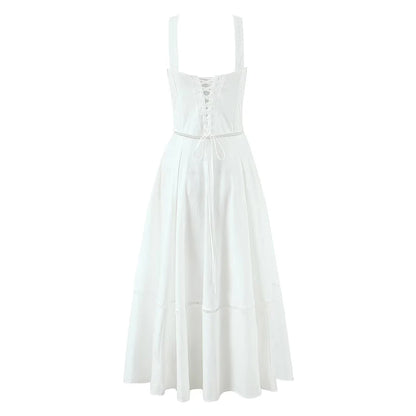 Elegant White Corset Midi Dress – A-line Cotton Summer Dress with Lace-Up Back
