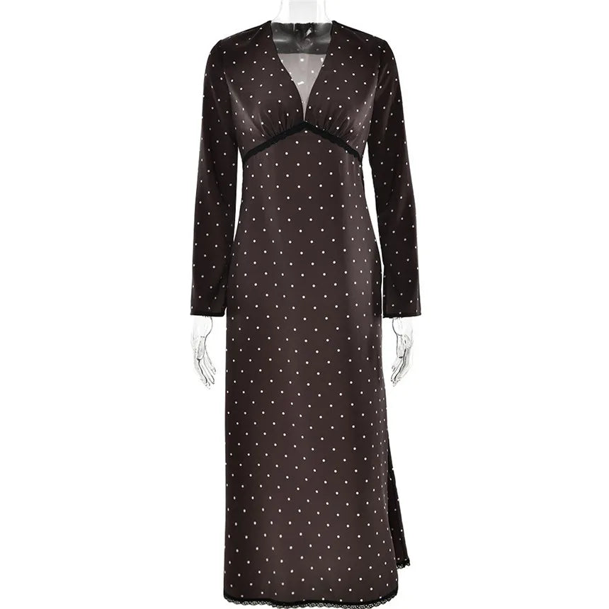 V-neck Polka Dot Long Sleeve Midi Dress – Women’s Elegant Spring Dress