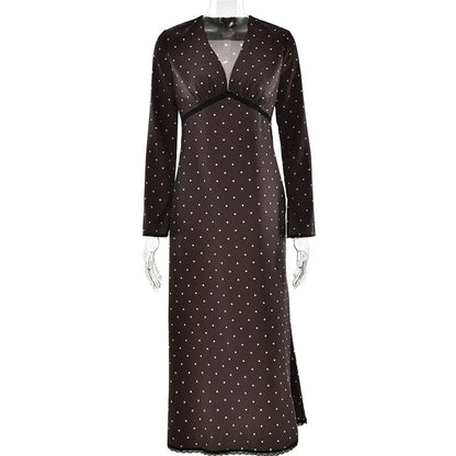 V-neck Polka Dot Long Sleeve Midi Dress – Women’s Elegant Spring Dress