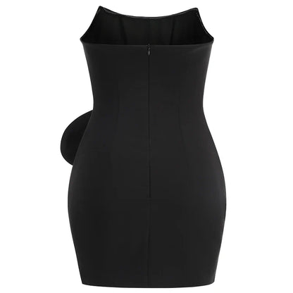 BLACK STRAPLESS MINI DRESS WAIST FLORAL DECORATION