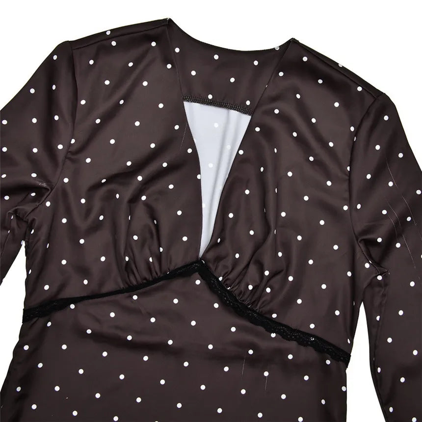 V-neck Polka Dot Long Sleeve Midi Dress – Women’s Elegant Spring Dress