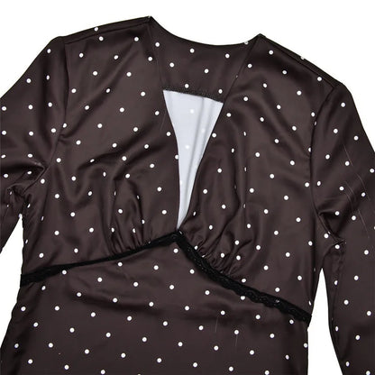 V-neck Polka Dot Long Sleeve Midi Dress – Women’s Elegant Spring Dress