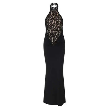 Lace Halter Backless Maxi Dress – Elegant Black Bodycon Evening Gown for Women