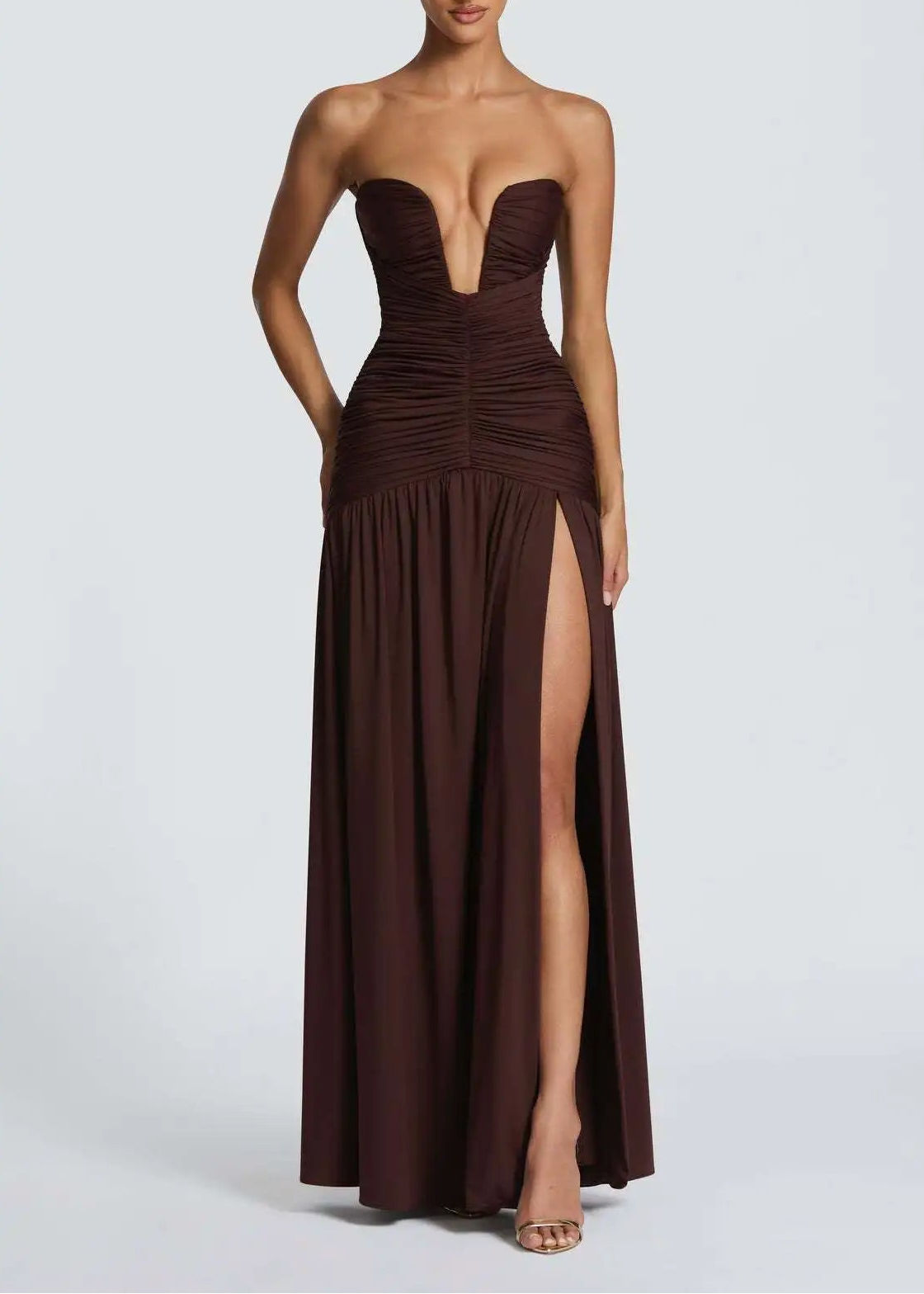 Elegant Deep V Strapless Ruched Maxi Dress