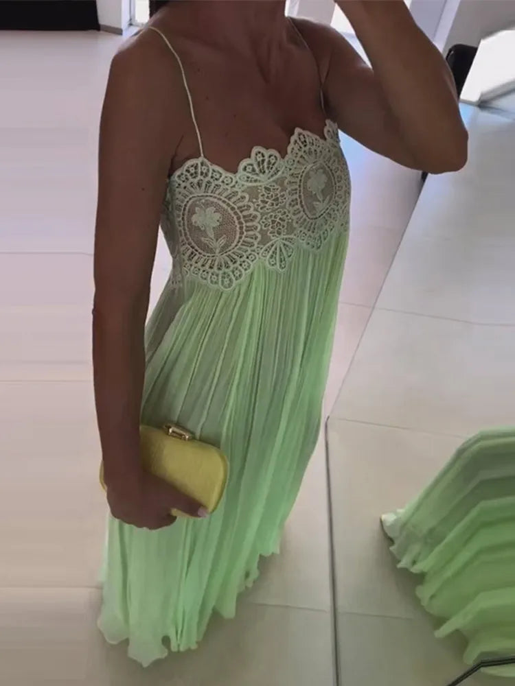 Beach Floral Lace Women's Summer Dress Sheer Hollow Out Pleated Long Spaghetti Strap Long Dresses 2026 Lady Loose Green Sundress