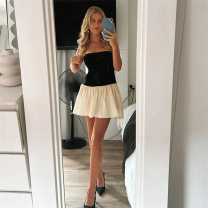 WHITE SKIRT and BLACK TOP MINI DRESS