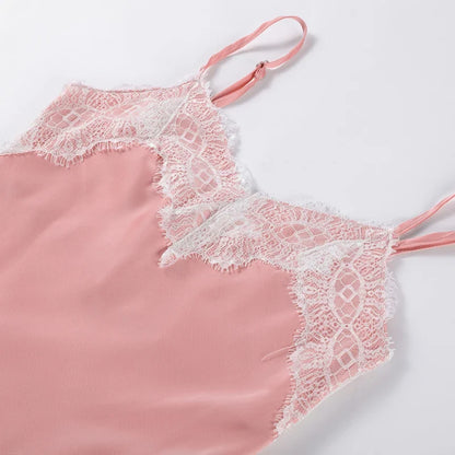 PINK LACE SATIN HIGH SLITS DRESS
