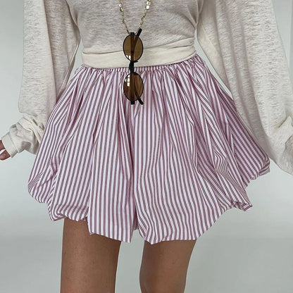 Striped Pleated High Waist Mini Skirt – French Summer Fluffy Skirt 2025