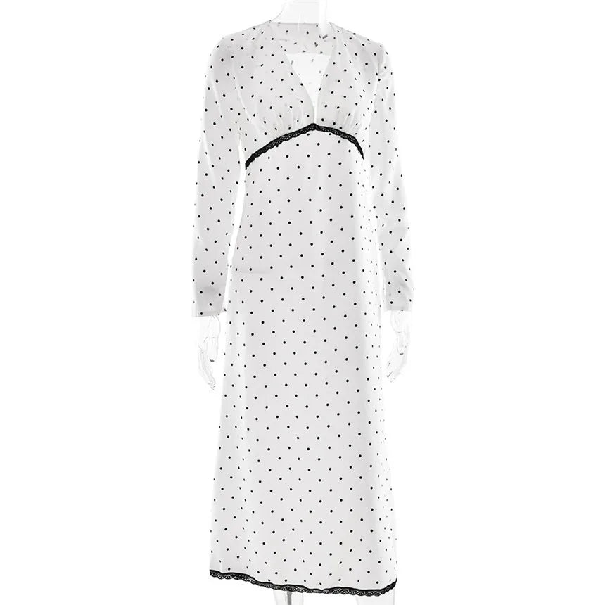 V-neck Polka Dot Long Sleeve Midi Dress – Women’s Elegant Spring Dress