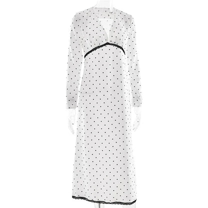 V-neck Polka Dot Long Sleeve Midi Dress – Women’s Elegant Spring Dress