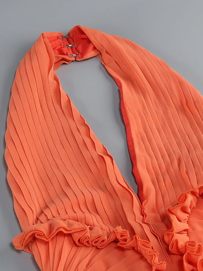 Orange Backless Halter V Neck Ruffles Patchwork Maxi Dress