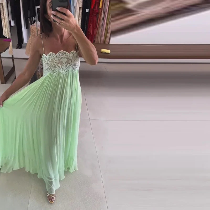 Beach Floral Lace Women's Summer Dress Sheer Hollow Out Pleated Long Spaghetti Strap Long Dresses 2026 Lady Loose Green Sundress