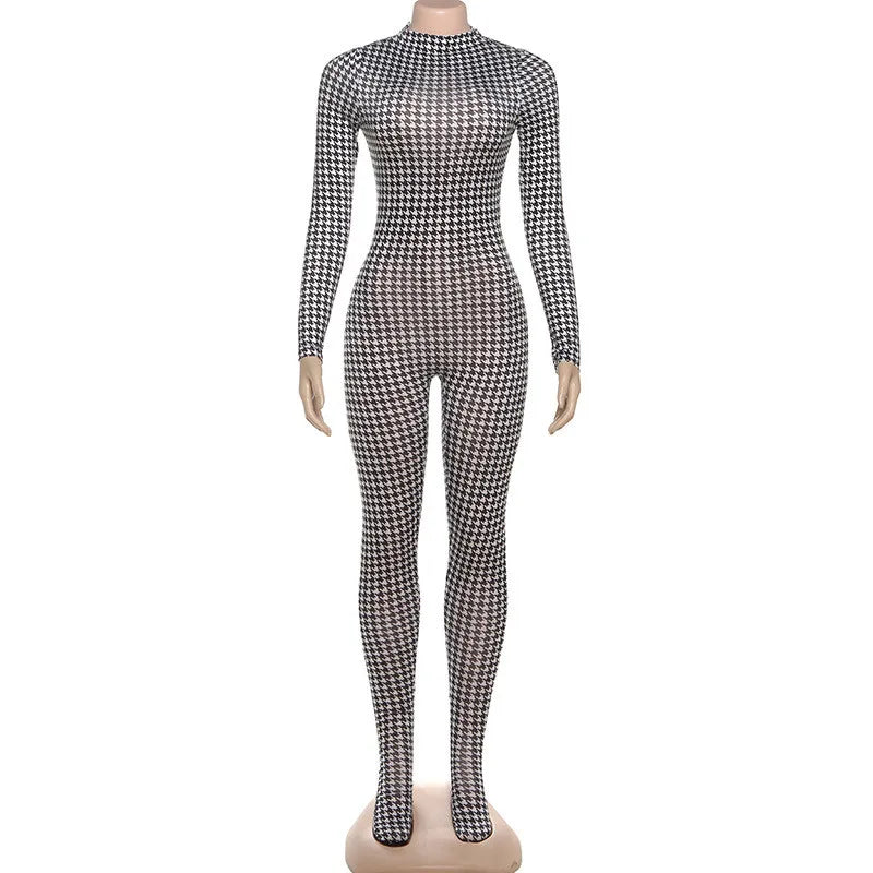 Plaid Bodycon Jumpsuit with Integrated Stockings – Long Sleeve Turtleneck Zip-Up Women’s Catsuit