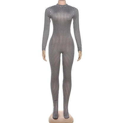 Plaid Bodycon Jumpsuit with Integrated Stockings – Long Sleeve Turtleneck Zip-Up Women’s Catsuit