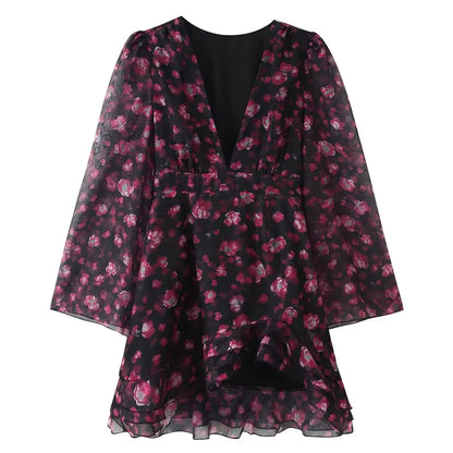 Floral Deep V Neck Mini Dress with Bell Sleeves and Ruffle Hem