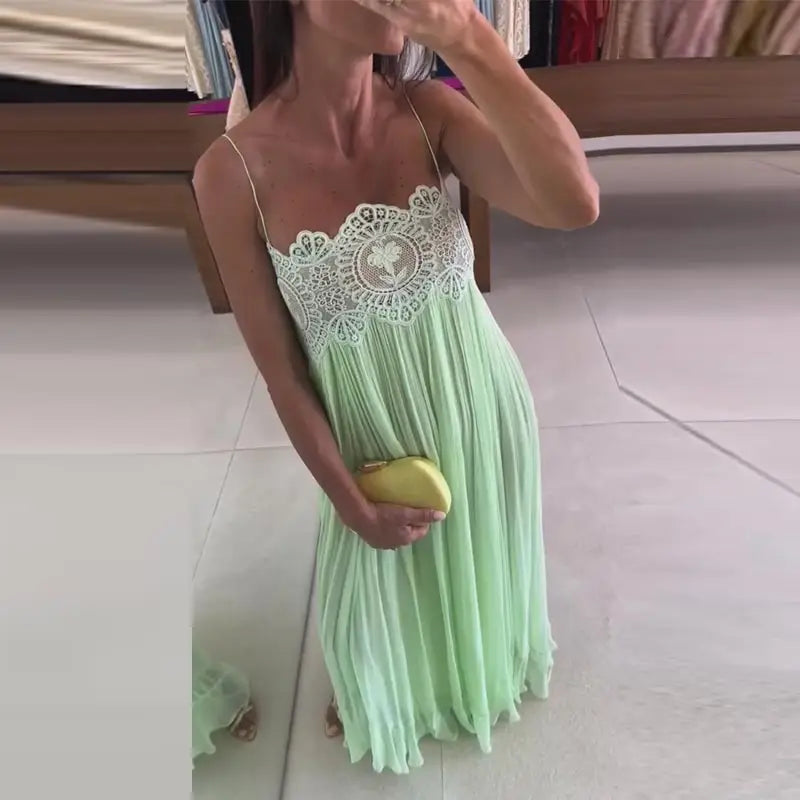 Beach Floral Lace Women's Summer Dress Sheer Hollow Out Pleated Long Spaghetti Strap Long Dresses 2026 Lady Loose Green Sundress