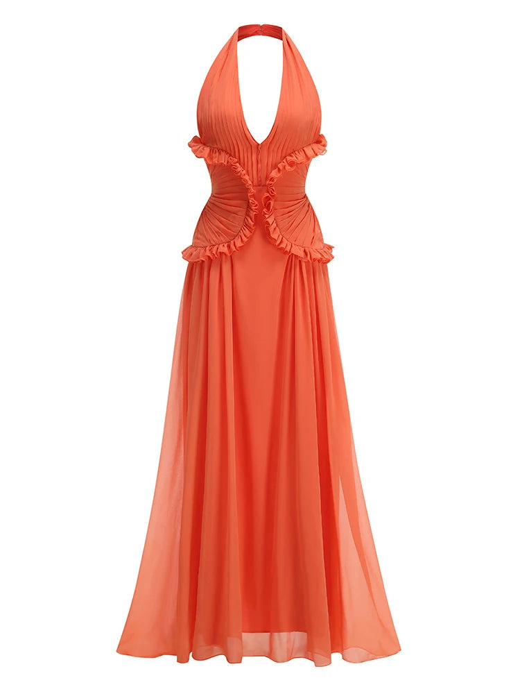 Orange Backless Halter V Neck Ruffles Patchwork Maxi Dress
