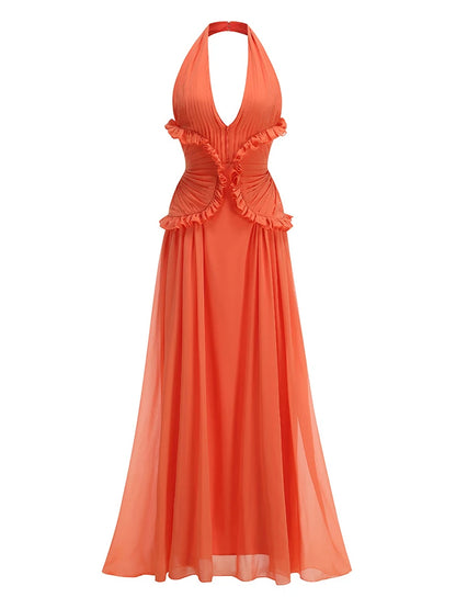 Orange Backless Halter V Neck Ruffles Patchwork Maxi Dress