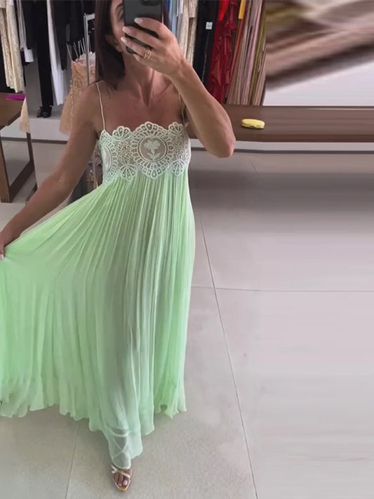 Beach Floral Lace Women's Summer Dress Sheer Hollow Out Pleated Long Spaghetti Strap Long Dresses 2026 Lady Loose Green Sundress