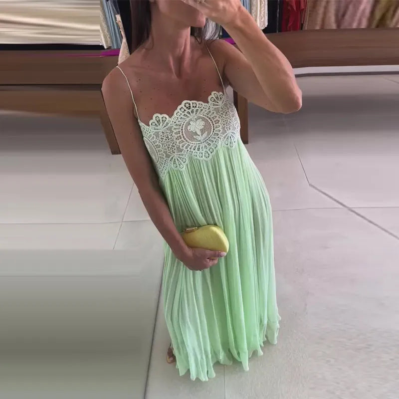 Beach Floral Lace Women's Summer Dress Sheer Hollow Out Pleated Long Spaghetti Strap Long Dresses 2026 Lady Loose Green Sundress