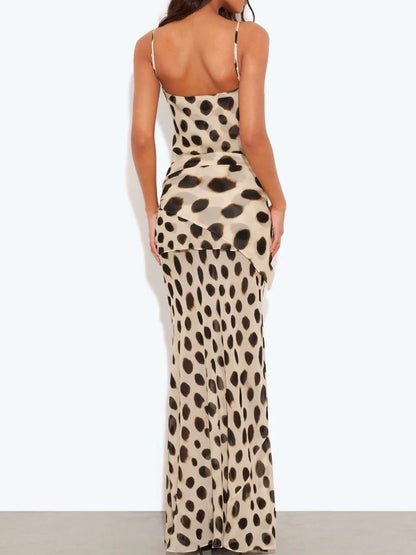 Animal Print Spaghetti Strap Maxi Dress With Waist Tie