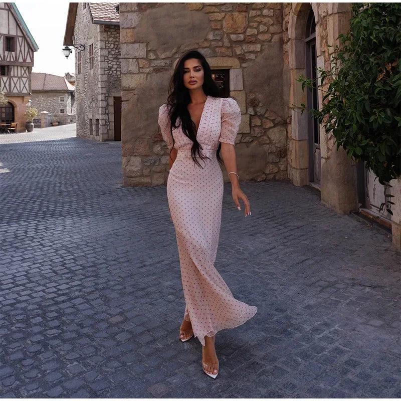 Blush Pink Polka Dot Maxi Dress with Puff Sleeves and Deep V-Neck