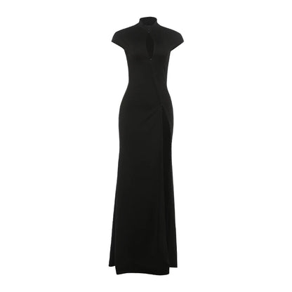 Black Bodycon Maxi Dress with O-Neck Cutout, Short Sleeves, High Split and Metal Buckle Detail