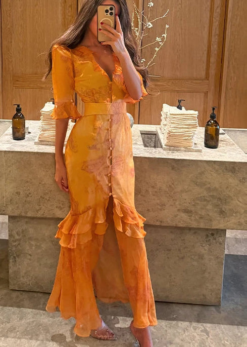 Padded Shoulder Ruffle Maxi Dress V-neck Low Slit Waist Cinching 2026 Springr Holiday Women Flowy Gown Chic Fashion Vestidoes