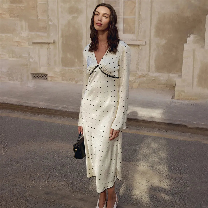 V-neck Polka Dot Long Sleeve Midi Dress – Women’s Elegant Spring Dress