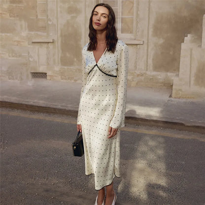V-neck Polka Dot Long Sleeve Midi Dress – Women’s Elegant Spring Dress