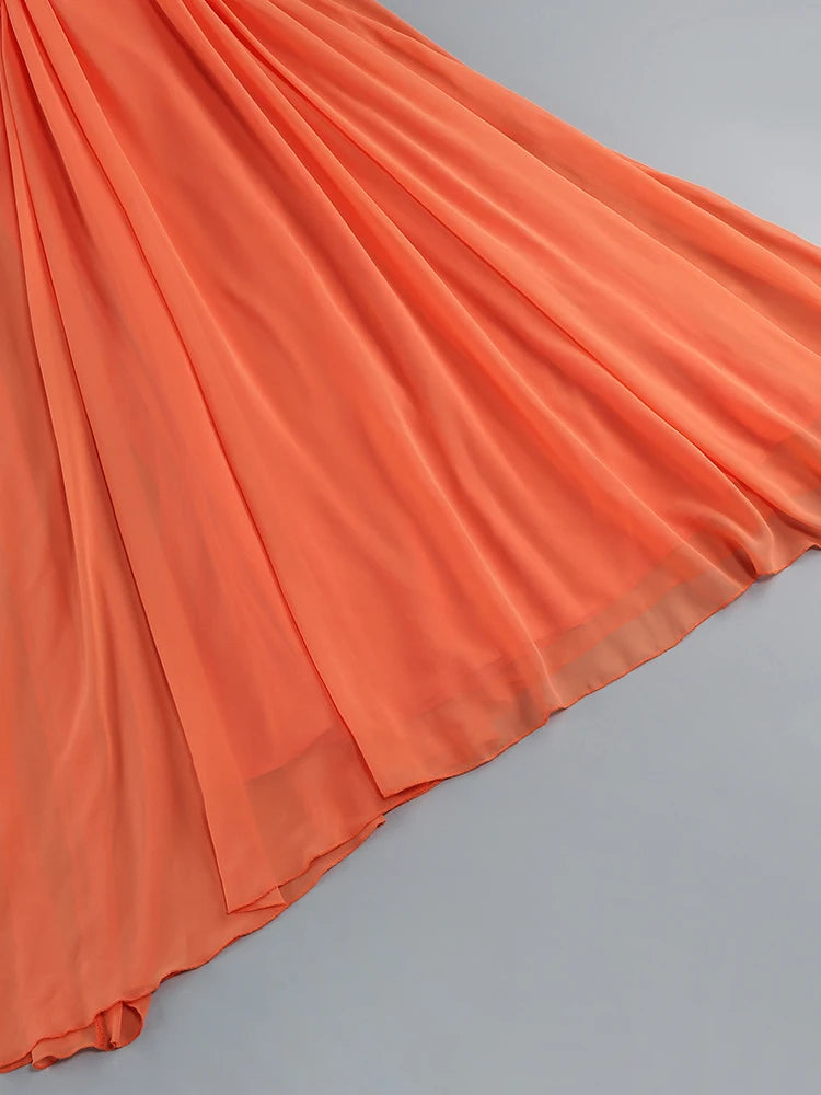 Orange Backless Halter V Neck Ruffles Patchwork Maxi Dress