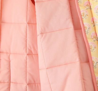 Printed Quilted Cotton Jacket – V Neck Loose Fit Single Breasted Outerwear for Women