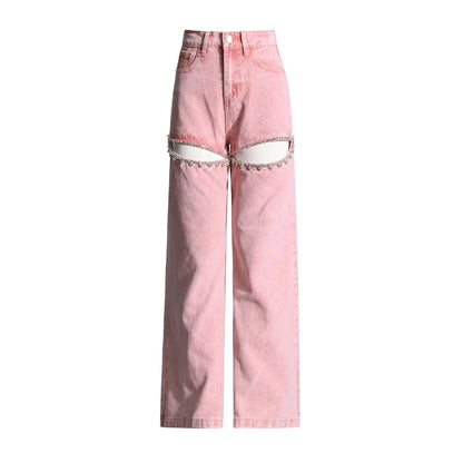 PINK HIGH WAIST DENIM TROUSERS SPLICED DIAMONDS HOLLOW OUT