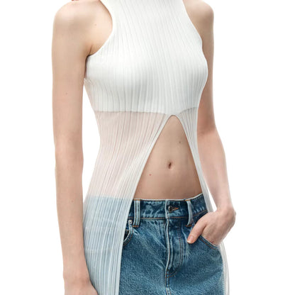 SLEEVELESS RIBBER HIGH NECK TOP with FRONT SLIT TRAILING