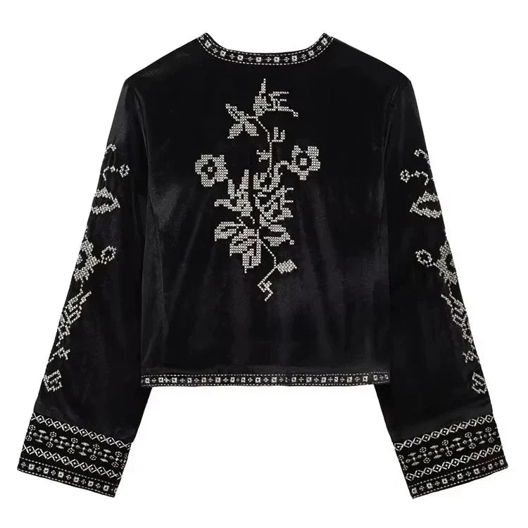 CASUAL VELVET EMBROIDERED ORNAMENT BLACK JACKET