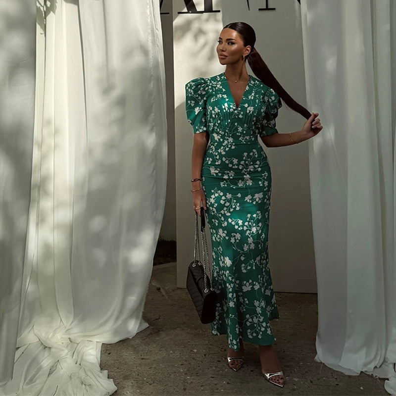 Blush Pink Polka Dot Maxi Dress with Puff Sleeves and Deep V-Neck