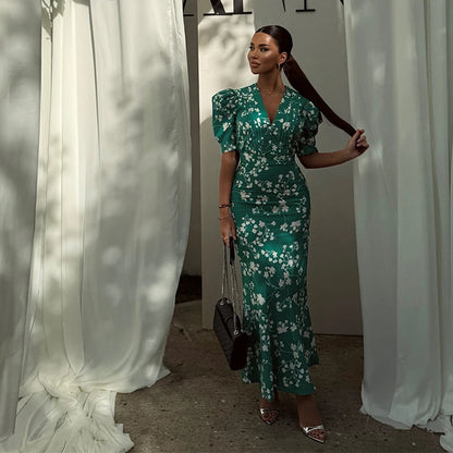 Blush Pink Polka Dot Maxi Dress with Puff Sleeves and Deep V-Neck