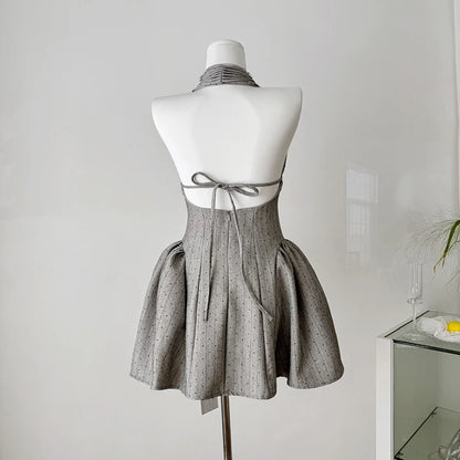 Gray Halter Neck Mini Dress – Sexy V-Neck Backless Party Dress for Women