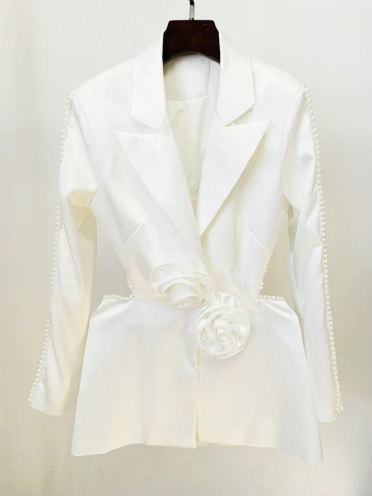 HOLLOW OUT FLOWERS APPLIQUES PEARLS BEADED BLAZER GAUZE PANTS