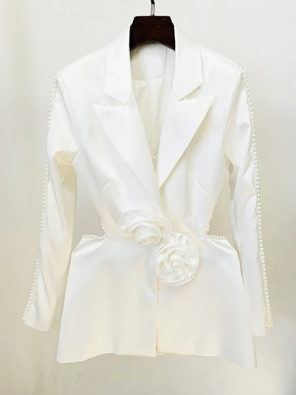 HOLLOW OUT FLOWERS APPLIQUES PEARLS BEADED BLAZER GAUZE PANTS