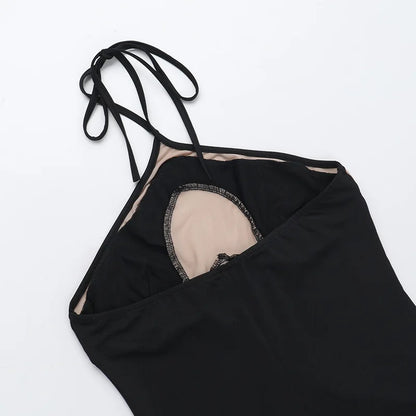HOLLOW OUT NECK HANGING SLIT MESH BLACK MIDI DRESS