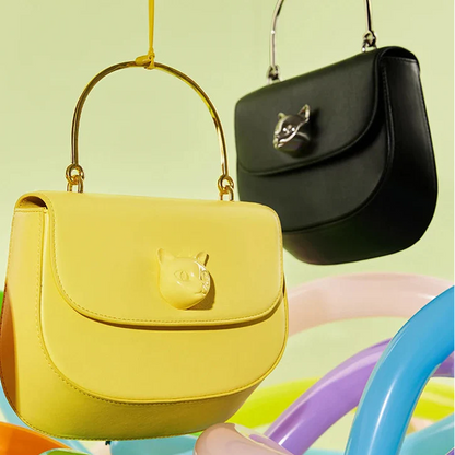 Two handbags, one yellow and one black, hanging against a colorful background with 'Bafelli' branding.